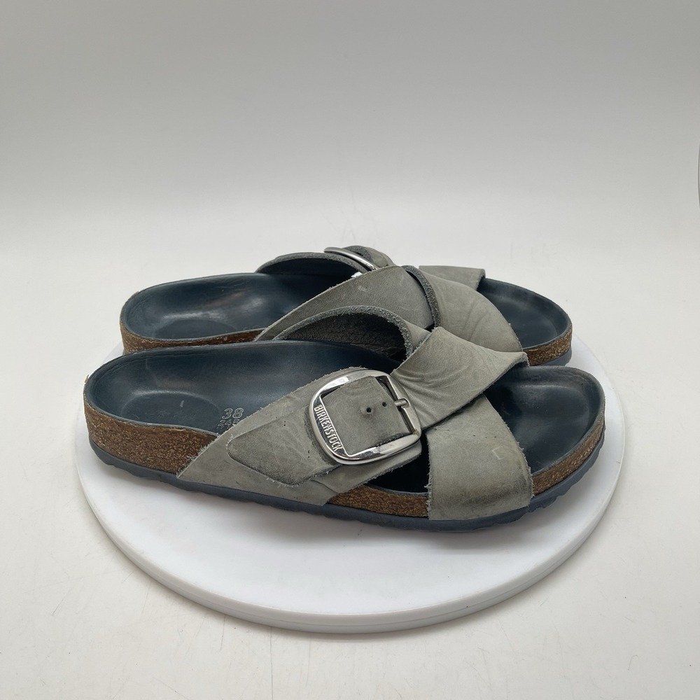Birkenstock Sienna Big Buckle Womens Size 38 US 7 Silver Buckle Slide Gray